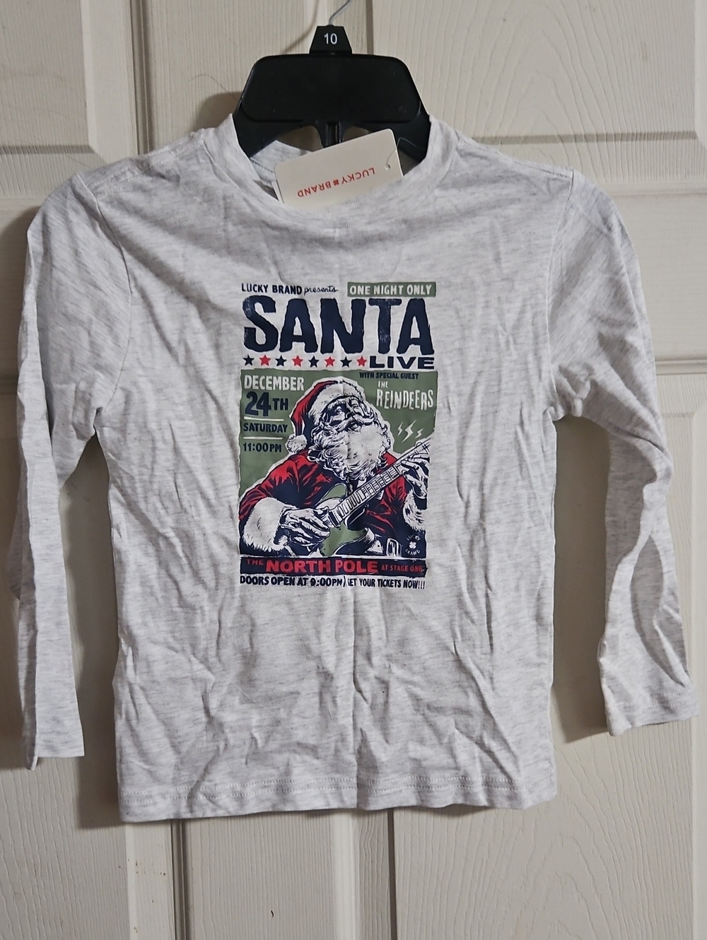 LUCKY BRAND SANTA LONG SLEEVE TEE: GRAY: NEW WITH TAGS: UNISEX: SIZE 4
